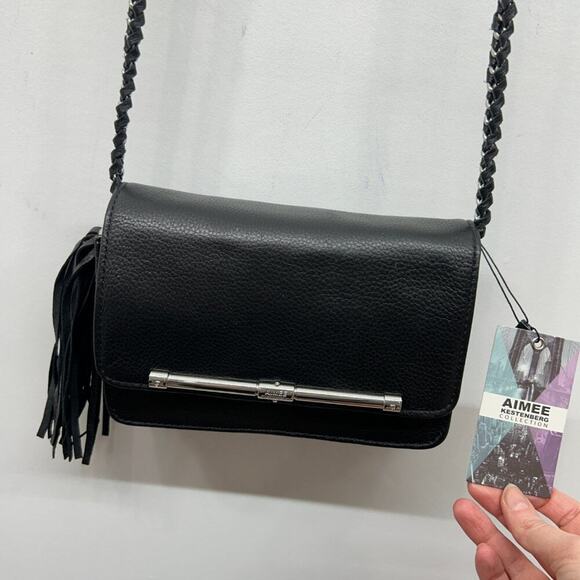 NEW $228 Aimee Kestenberg Black Chain Fringe Tassel Leather Crossbody Purse Bag - Picture 2 of 9